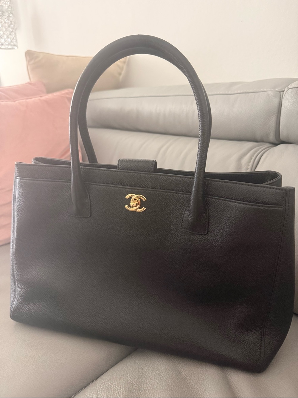 CHANEL Black Leather Tote with Gold CC Turnlock